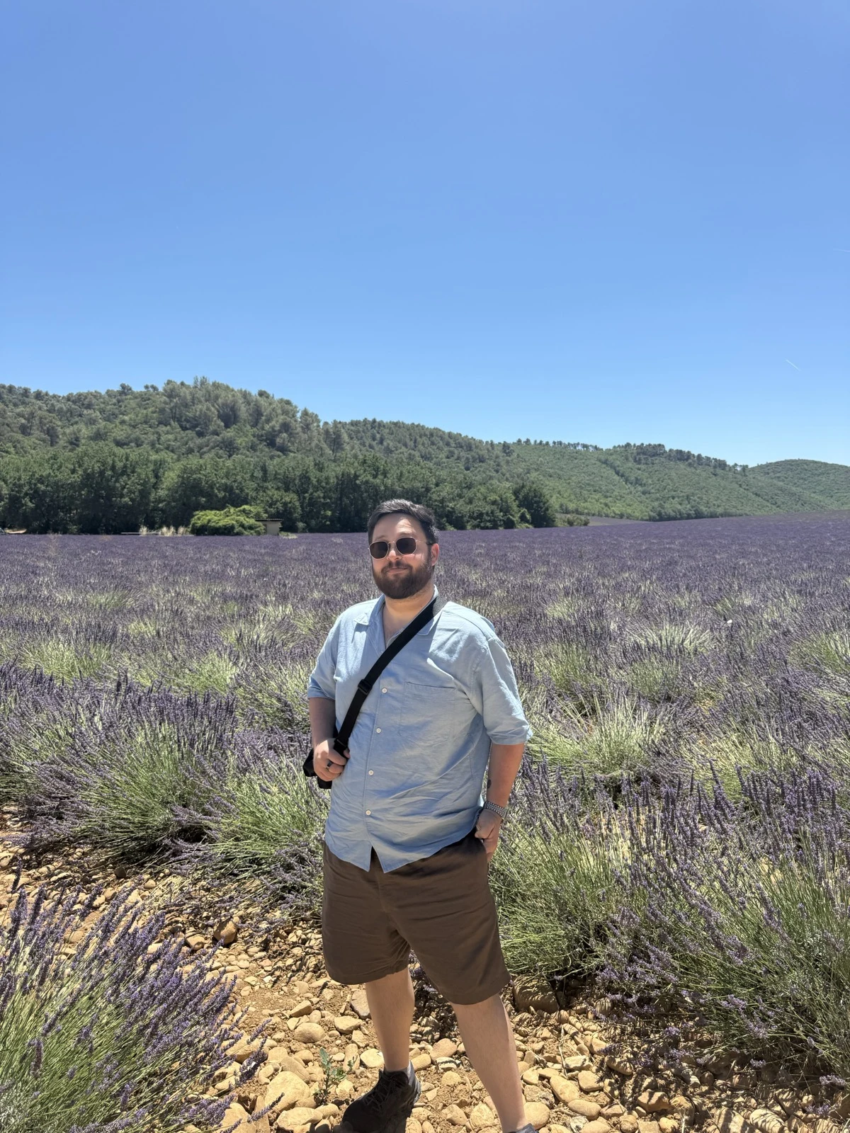 Sharbel standing in a lavender field in full sun, hands in pockets